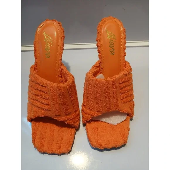 LIAYANA Orange Terry Cloth Open Toe Square Toe Heels Women Size 9 - Picture 1 of 9
